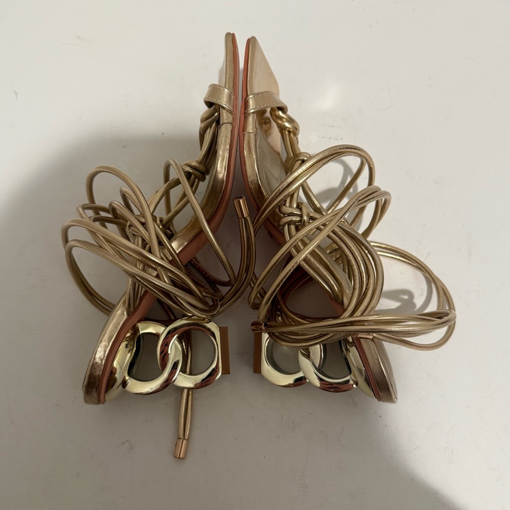 AZALEA WANG Stupendous Gold Ankle Wrap Lace Up High Linking Heel Sandal Size 6.5 - Picture 14 of 15